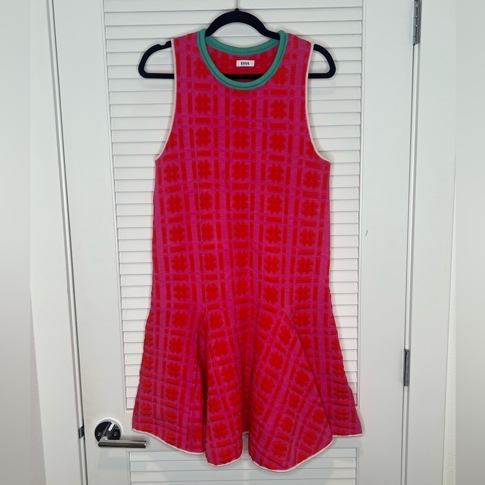 ISSA Silvia Hashtag Printed Jacquard Pink Green Sleeveless Dress - Size M​​​​​​